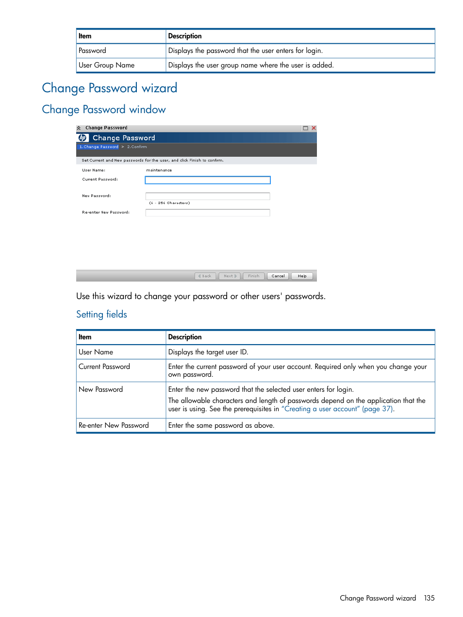 Change password wizard, Change password window, Setting fields | HP XP RAID Manager Software User Manual | Page 135 / 182