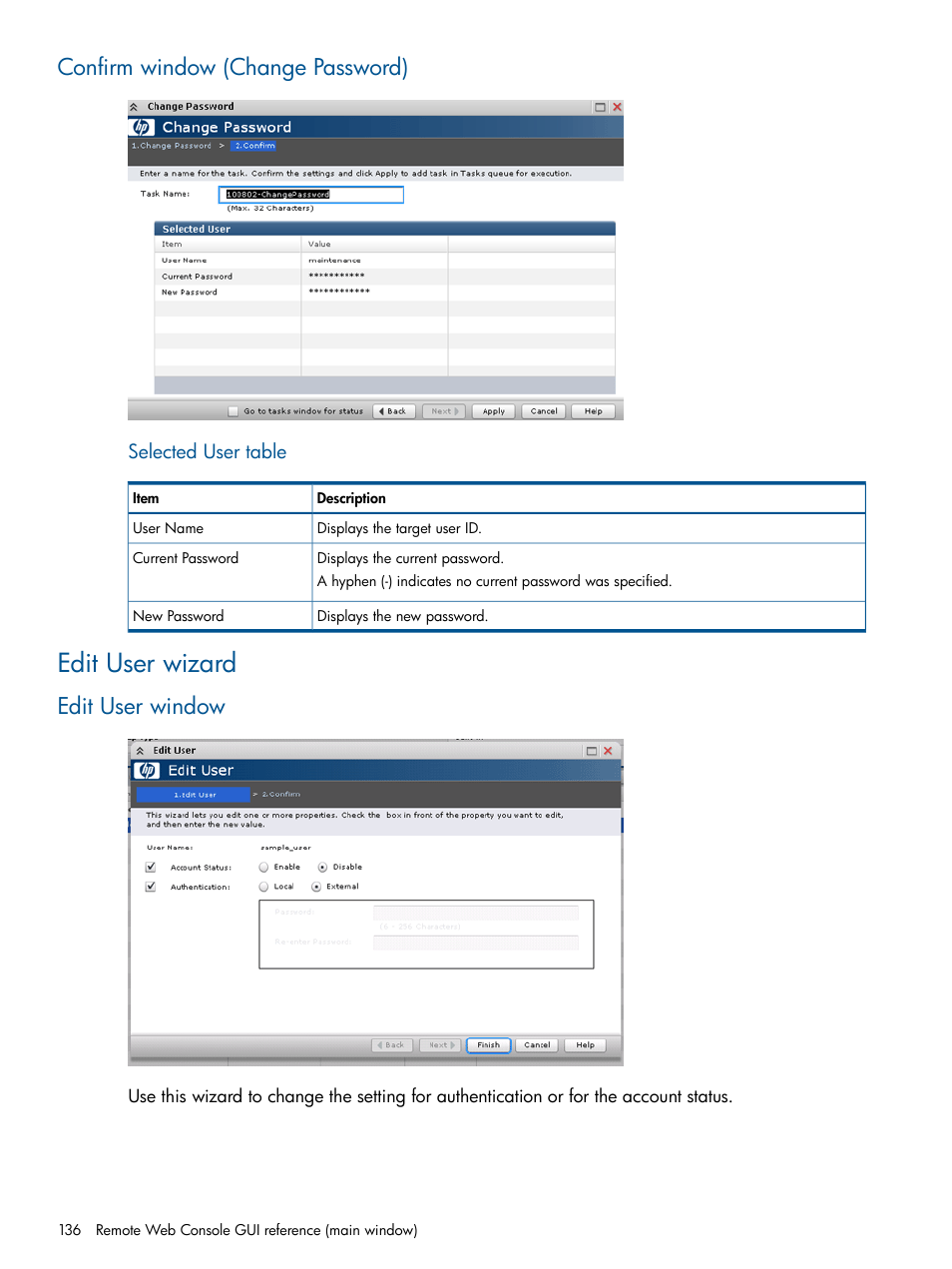 Confirm window (change password), Edit user wizard, Edit user window | HP XP RAID Manager Software User Manual | Page 136 / 182