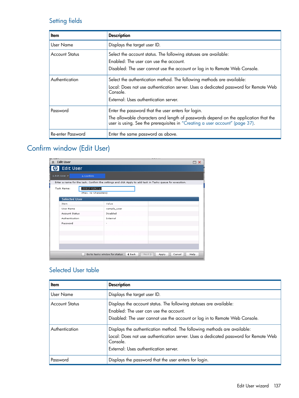 Confirm window (edit user), Setting fields, Selected user table | HP XP RAID Manager Software User Manual | Page 137 / 182