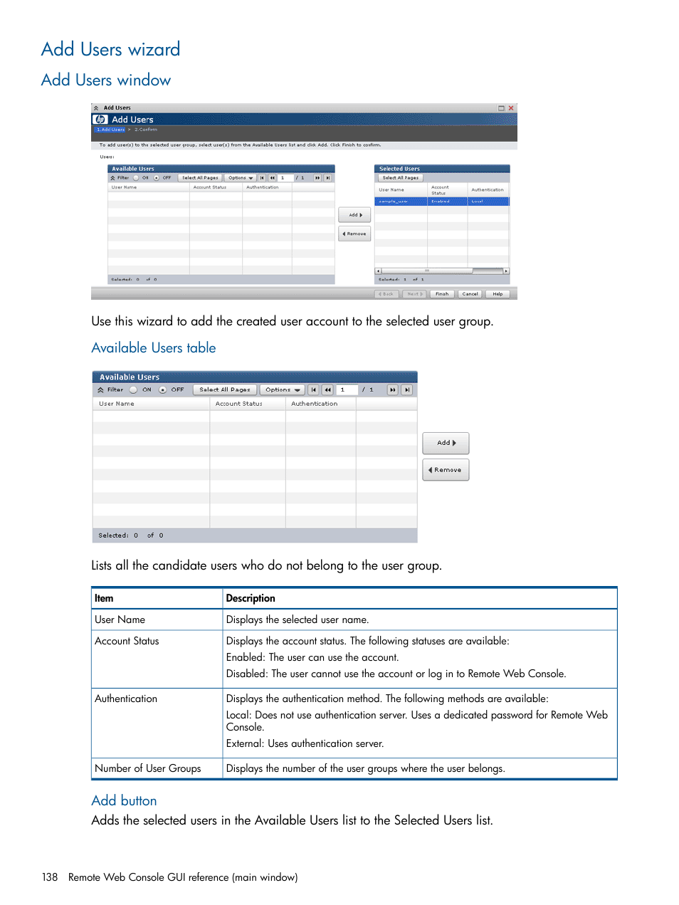 Add users wizard, Add users window | HP XP RAID Manager Software User Manual | Page 138 / 182