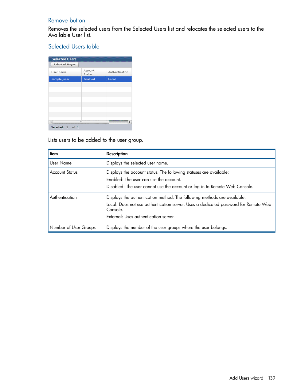 Remove button, Selected users table | HP XP RAID Manager Software User Manual | Page 139 / 182