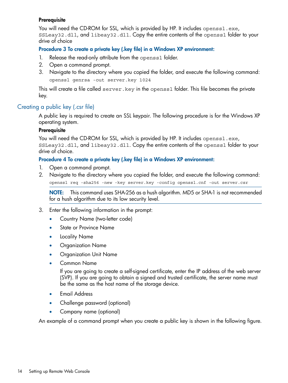Creating a public key (.csr file) | HP XP RAID Manager Software User Manual | Page 14 / 182