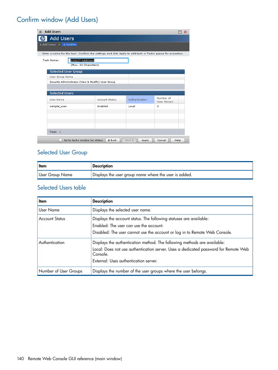 Confirm window (add users), Selected user group, Selected users table | HP XP RAID Manager Software User Manual | Page 140 / 182
