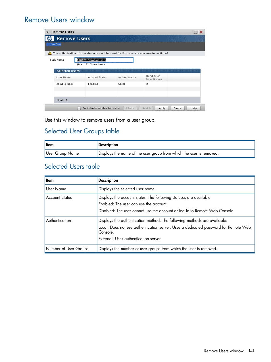 Remove users window, Selected user groups table, Selected users table | HP XP RAID Manager Software User Manual | Page 141 / 182