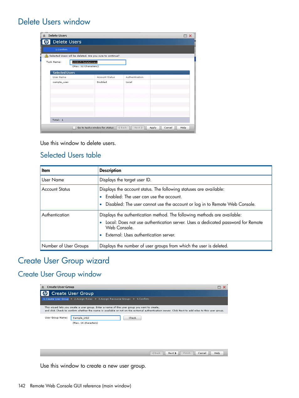 Delete users window, Create user group wizard, Create user group window | Delete users window create user group wizard, Selected users table | HP XP RAID Manager Software User Manual | Page 142 / 182