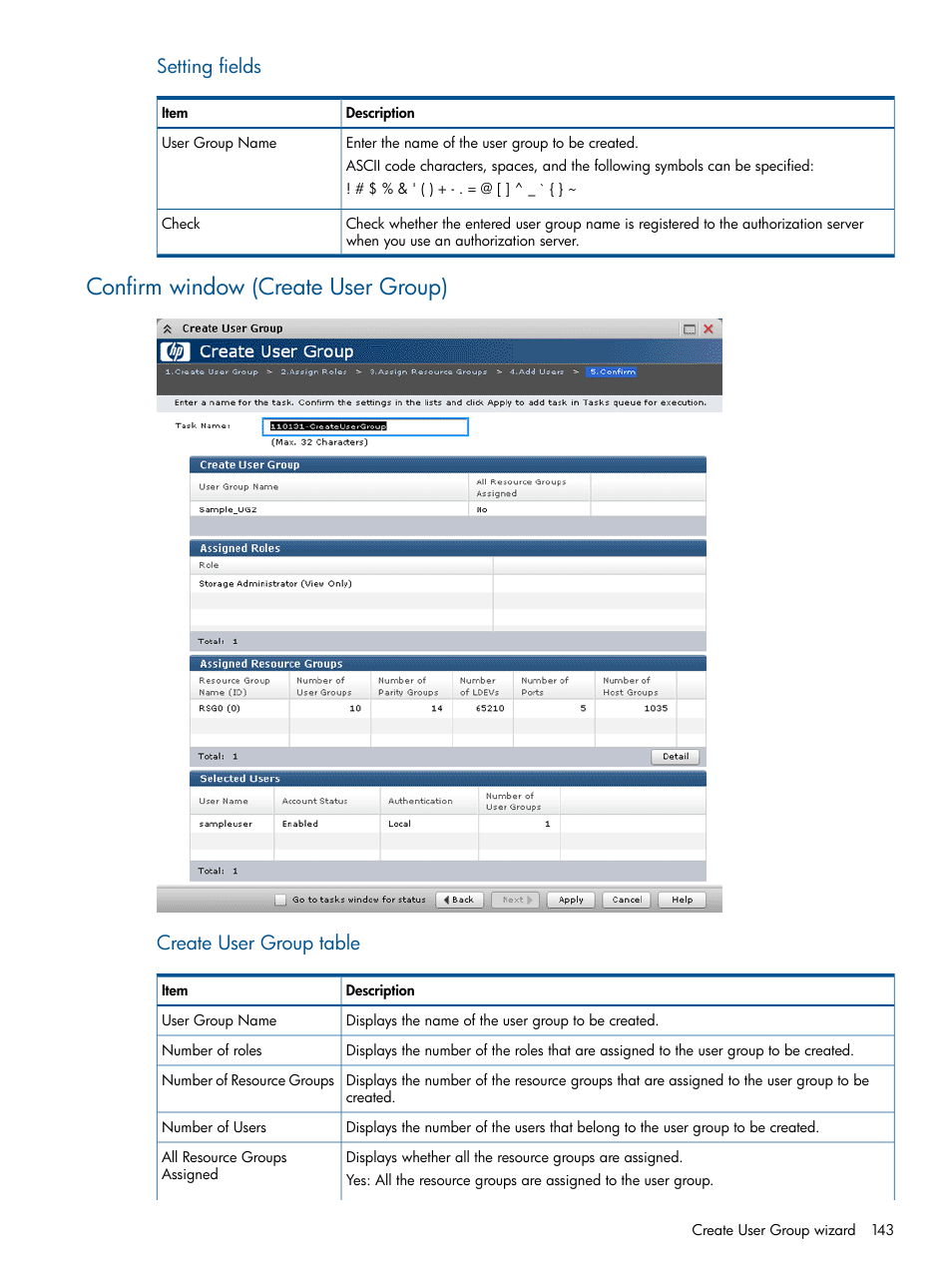Confirm window (create user group), Setting fields, Create user group table | HP XP RAID Manager Software User Manual | Page 143 / 182