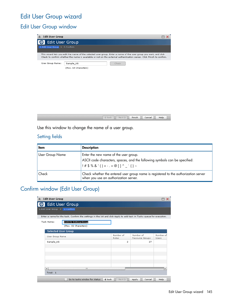 Edit user group wizard, Edit user group window, Confirm window (edit user group) | HP XP RAID Manager Software User Manual | Page 145 / 182