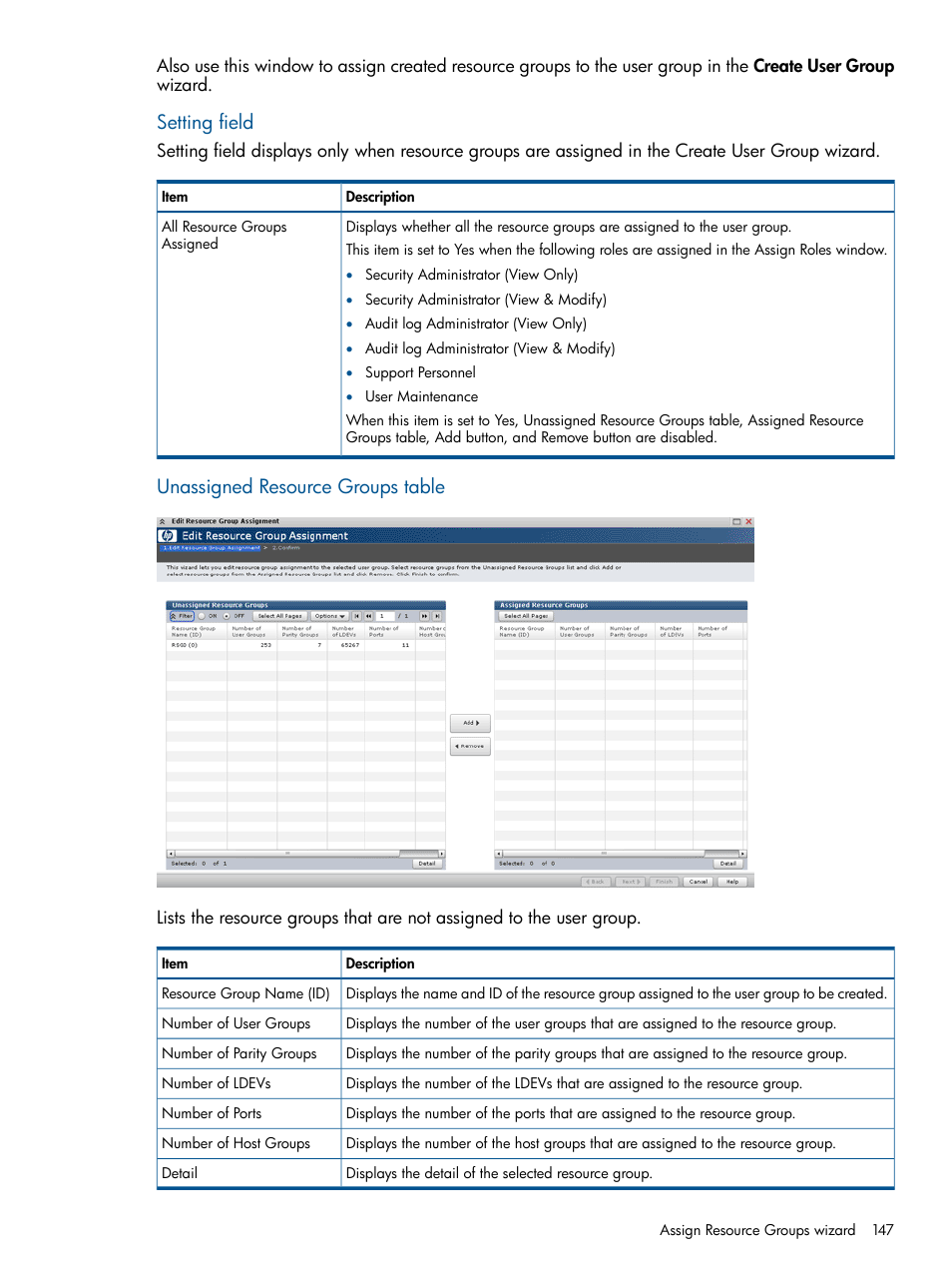 Setting field, Unassigned resource groups table | HP XP RAID Manager Software User Manual | Page 147 / 182