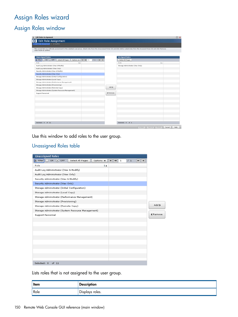 Assign roles wizard, Assign roles window | HP XP RAID Manager Software User Manual | Page 150 / 182