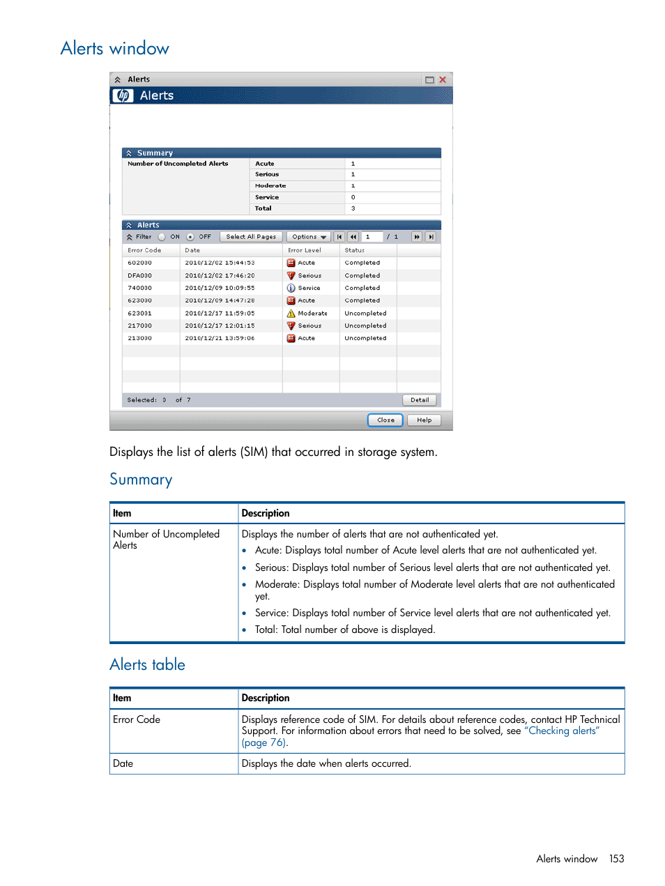 Alerts window, Summary, Alerts table | HP XP RAID Manager Software User Manual | Page 153 / 182