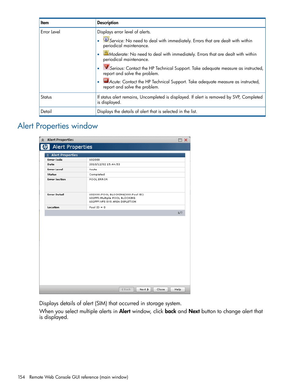 Alert properties window | HP XP RAID Manager Software User Manual | Page 154 / 182