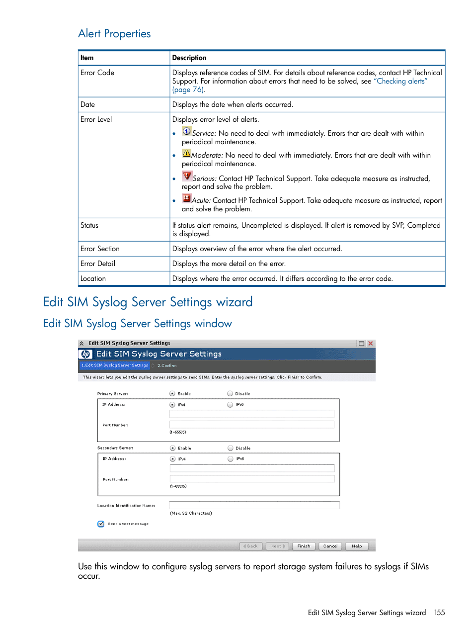 Edit sim syslog server settings wizard, Edit sim syslog server settings window, Alert properties | HP XP RAID Manager Software User Manual | Page 155 / 182