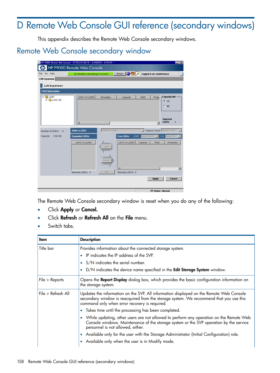 Remote web console secondary window, Remote web console gui reference | HP XP RAID Manager Software User Manual | Page 158 / 182