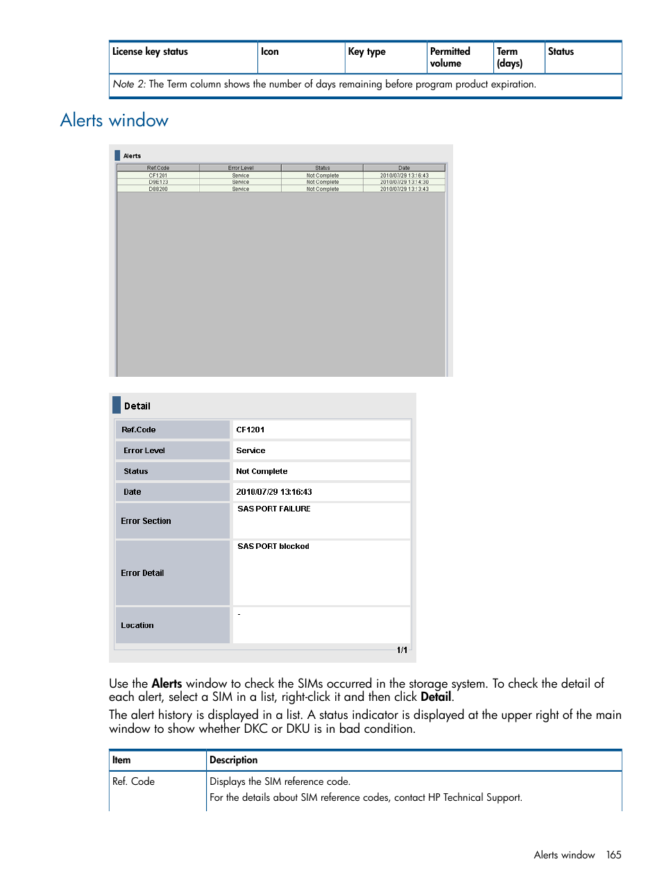 Alerts window | HP XP RAID Manager Software User Manual | Page 165 / 182