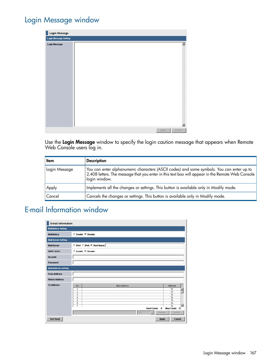 Login message window, E-mail information window, Login message window e-mail information window | HP XP RAID Manager Software User Manual | Page 167 / 182