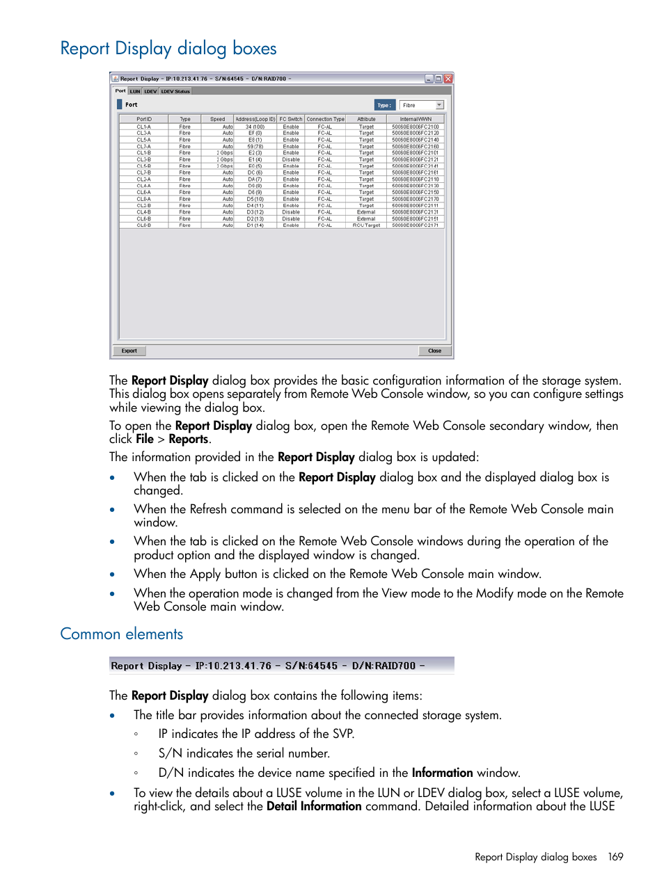 Report display dialog boxes, Common elements | HP XP RAID Manager Software User Manual | Page 169 / 182