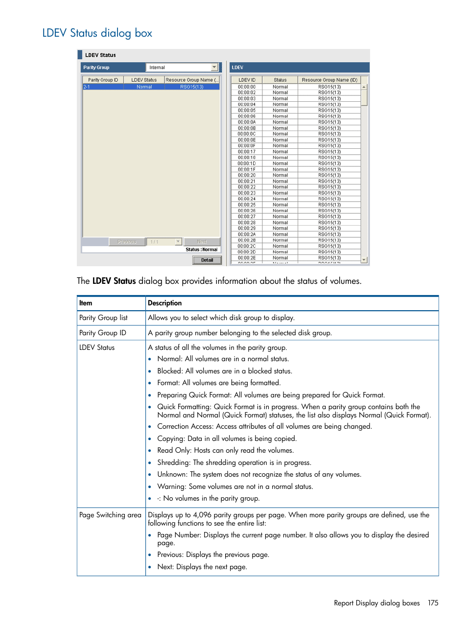Ldev status dialog box | HP XP RAID Manager Software User Manual | Page 175 / 182