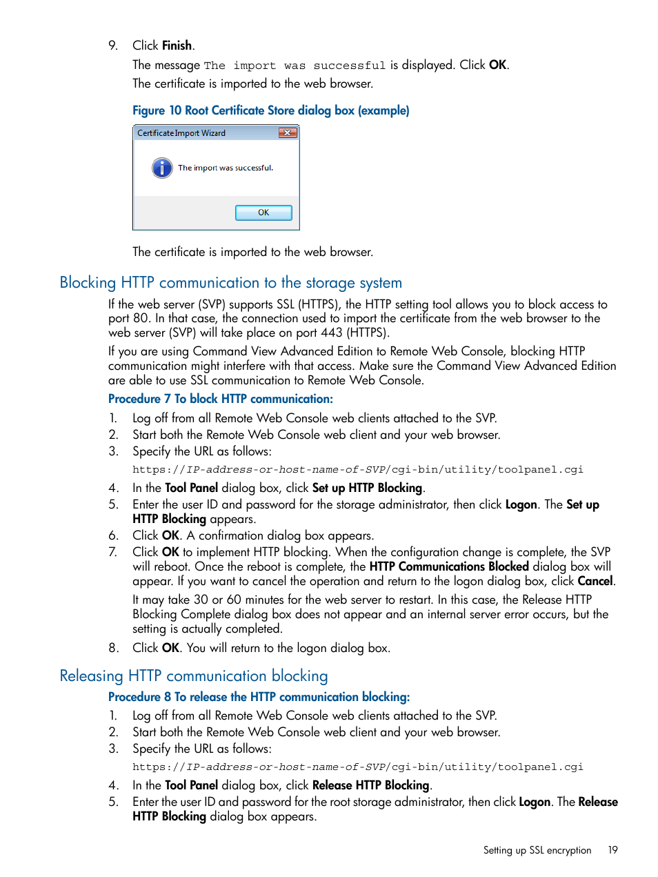 Blocking http communication to the storage system, Releasing http communication blocking | HP XP RAID Manager Software User Manual | Page 19 / 182