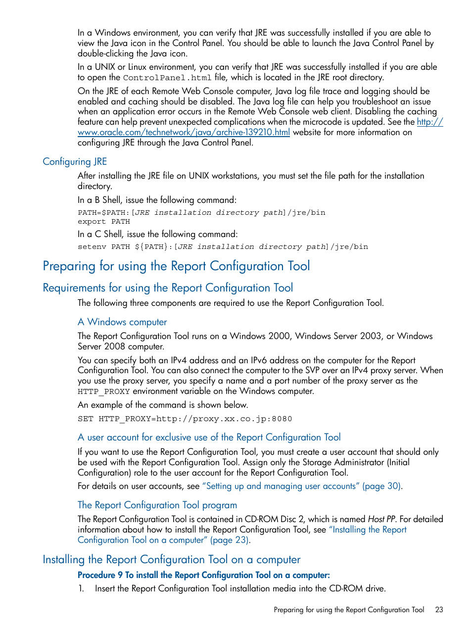 Configuring jre, Preparing for using the report configuration tool | HP XP RAID Manager Software User Manual | Page 23 / 182