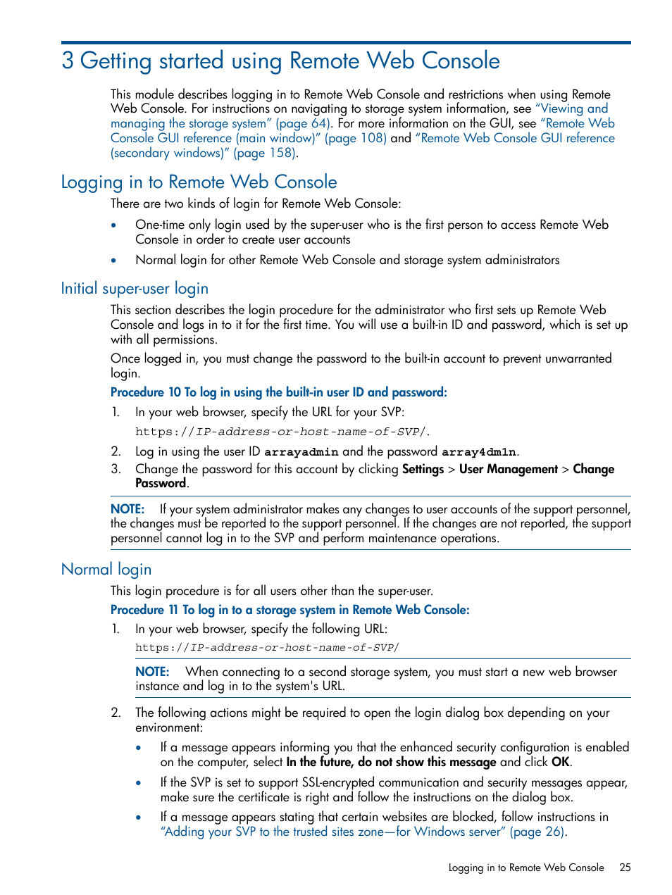 3 getting started using remote web console, Logging in to remote web console, Initial super-user login | Normal login, Initial super-user login normal login | HP XP RAID Manager Software User Manual | Page 25 / 182