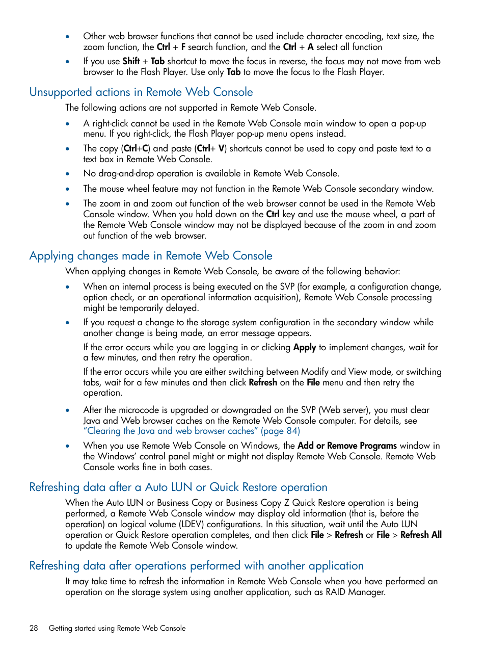 Unsupported actions in remote web console, Applying changes made in remote web console | HP XP RAID Manager Software User Manual | Page 28 / 182