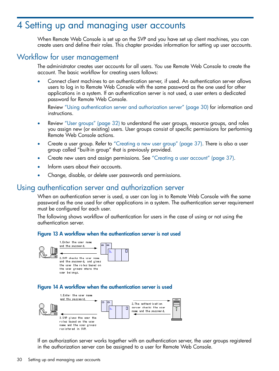 4 setting up and managing user accounts, Workflow for user management | HP XP RAID Manager Software User Manual | Page 30 / 182