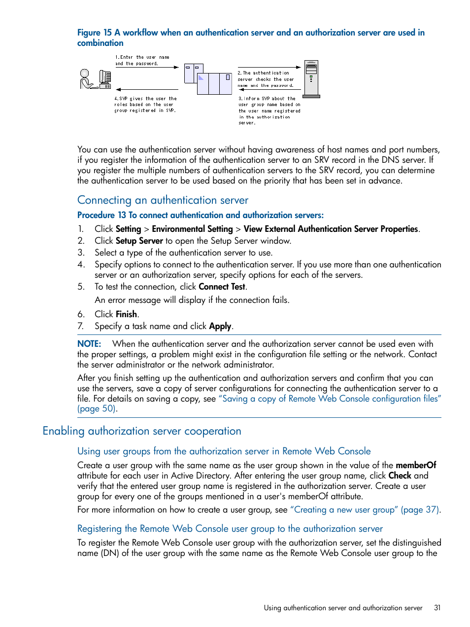 Enabling authorization server cooperation, Connecting an authentication server | HP XP RAID Manager Software User Manual | Page 31 / 182