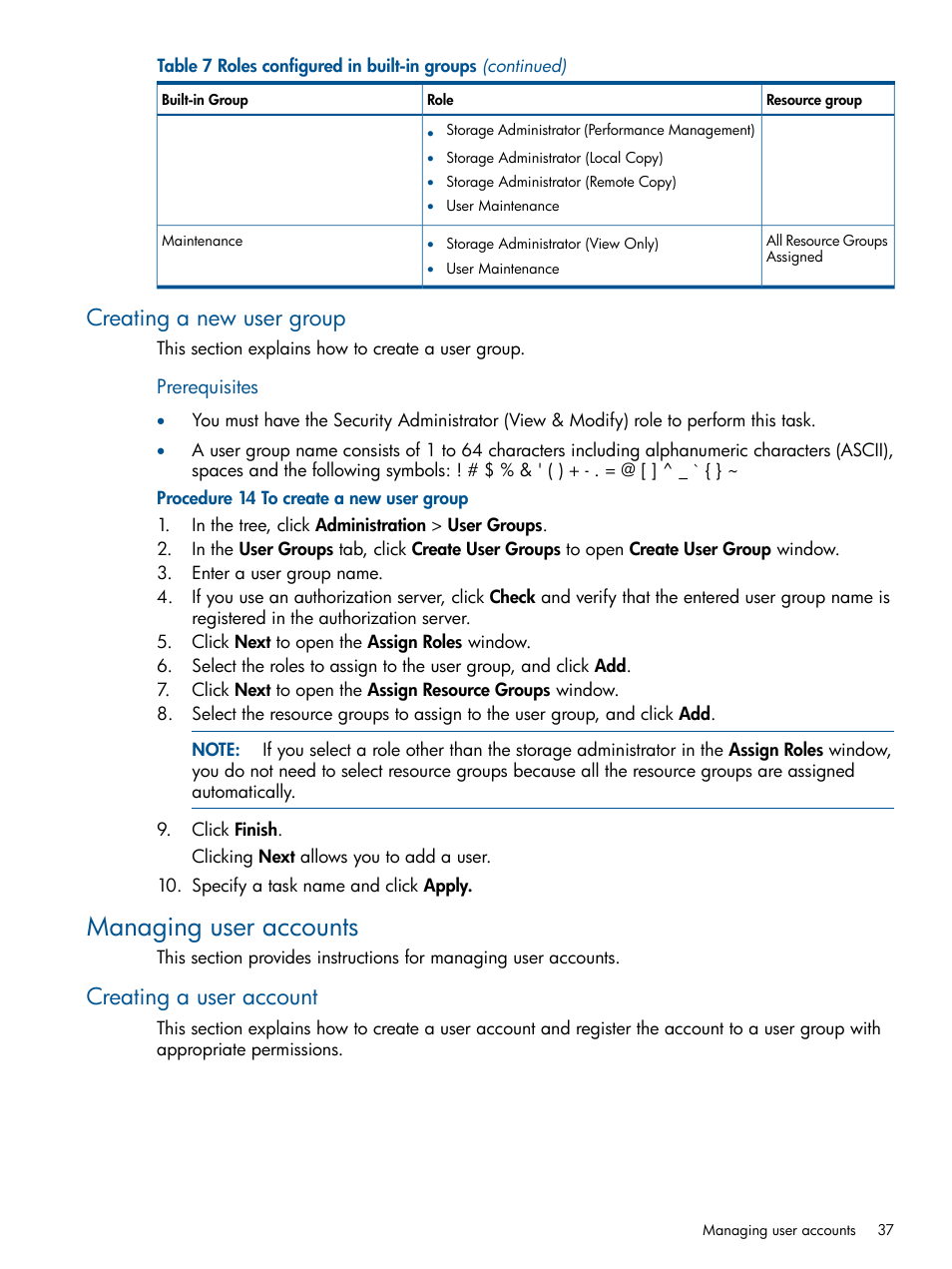 Creating a new user group, Managing user accounts, Creating a user account | HP XP RAID Manager Software User Manual | Page 37 / 182