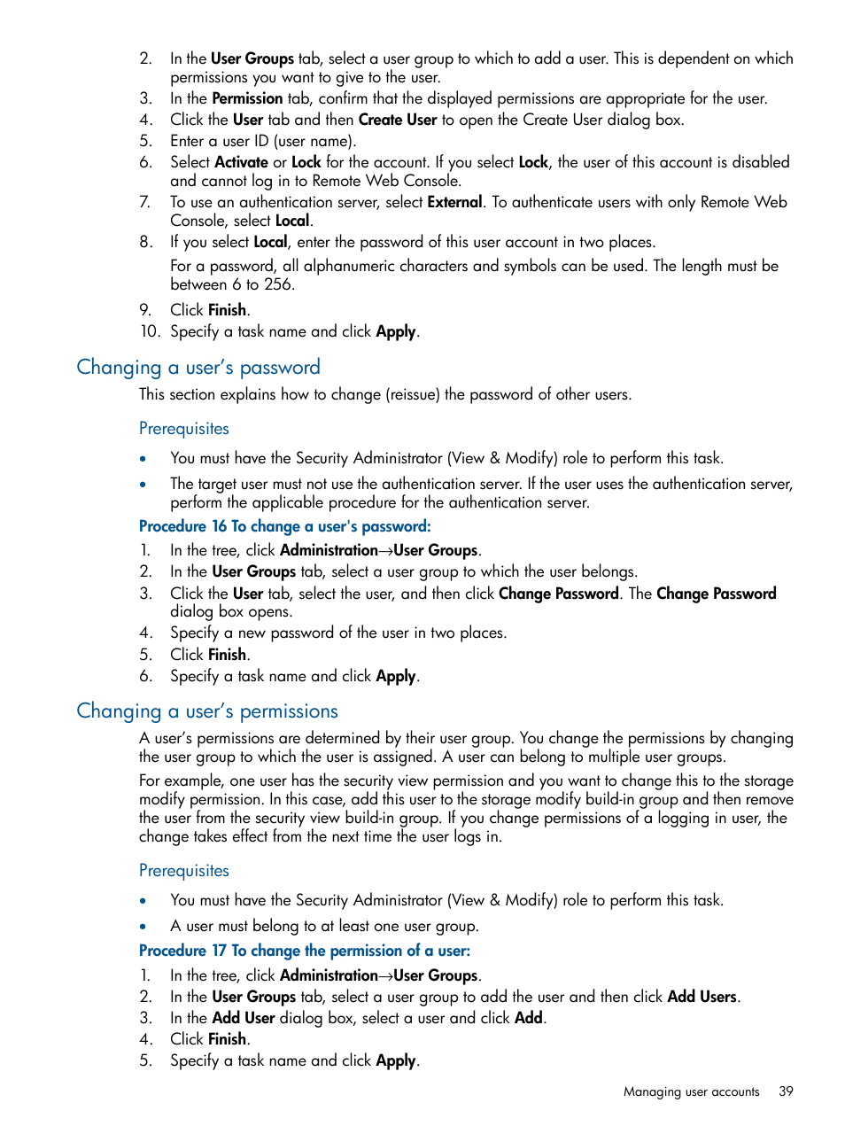 Changing a user’s password, Changing a user’s permissions | HP XP RAID Manager Software User Manual | Page 39 / 182