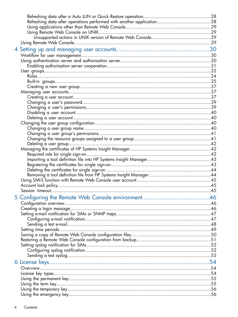 4 setting up and managing user accounts, 5 configuring the remote web console environment, 6 license keys | HP XP RAID Manager Software User Manual | Page 4 / 182