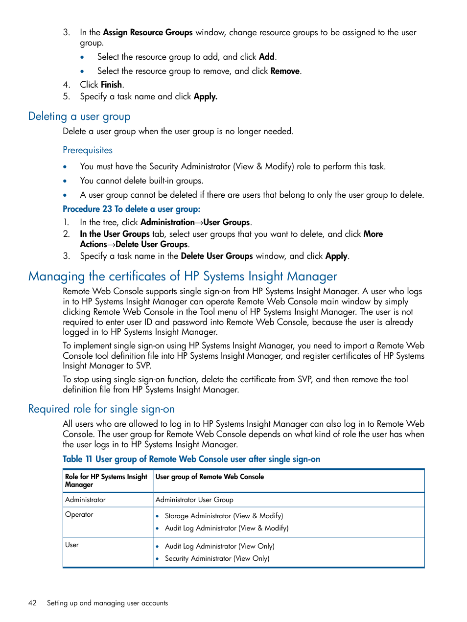 Deleting a user group, Required role for single sign-on | HP XP RAID Manager Software User Manual | Page 42 / 182