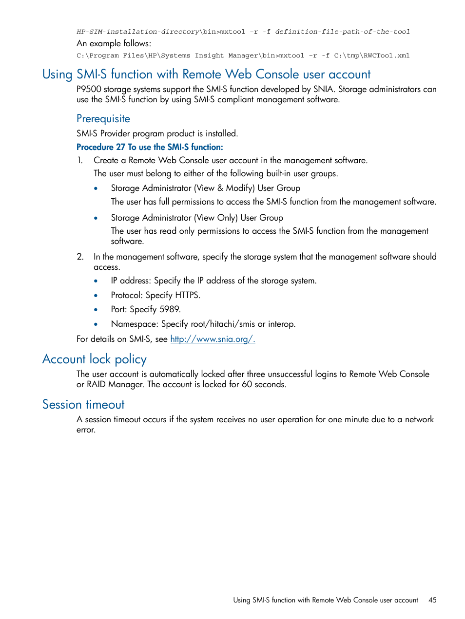 Account lock policy, Session timeout, Prerequisite | HP XP RAID Manager Software User Manual | Page 45 / 182