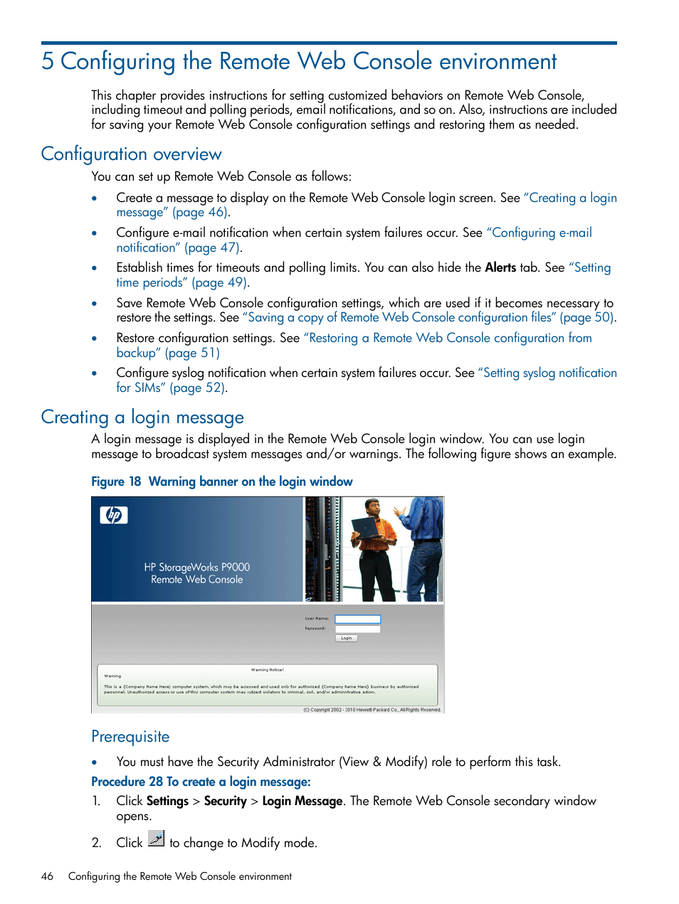 5 configuring the remote web console environment, Configuration overview, Creating a login message | Configuration overview creating a login message, Configuring the remote web console, Prerequisite | HP XP RAID Manager Software User Manual | Page 46 / 182