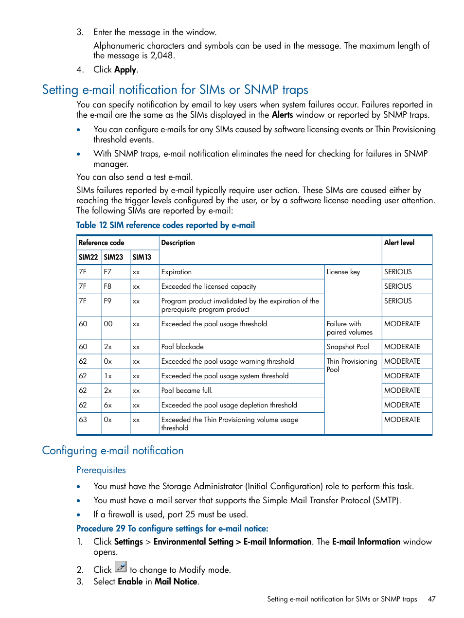 Setting e-mail notification for sims or snmp traps, Configuring e-mail notification, Configuring e-mail | Prerequisites | HP XP RAID Manager Software User Manual | Page 47 / 182