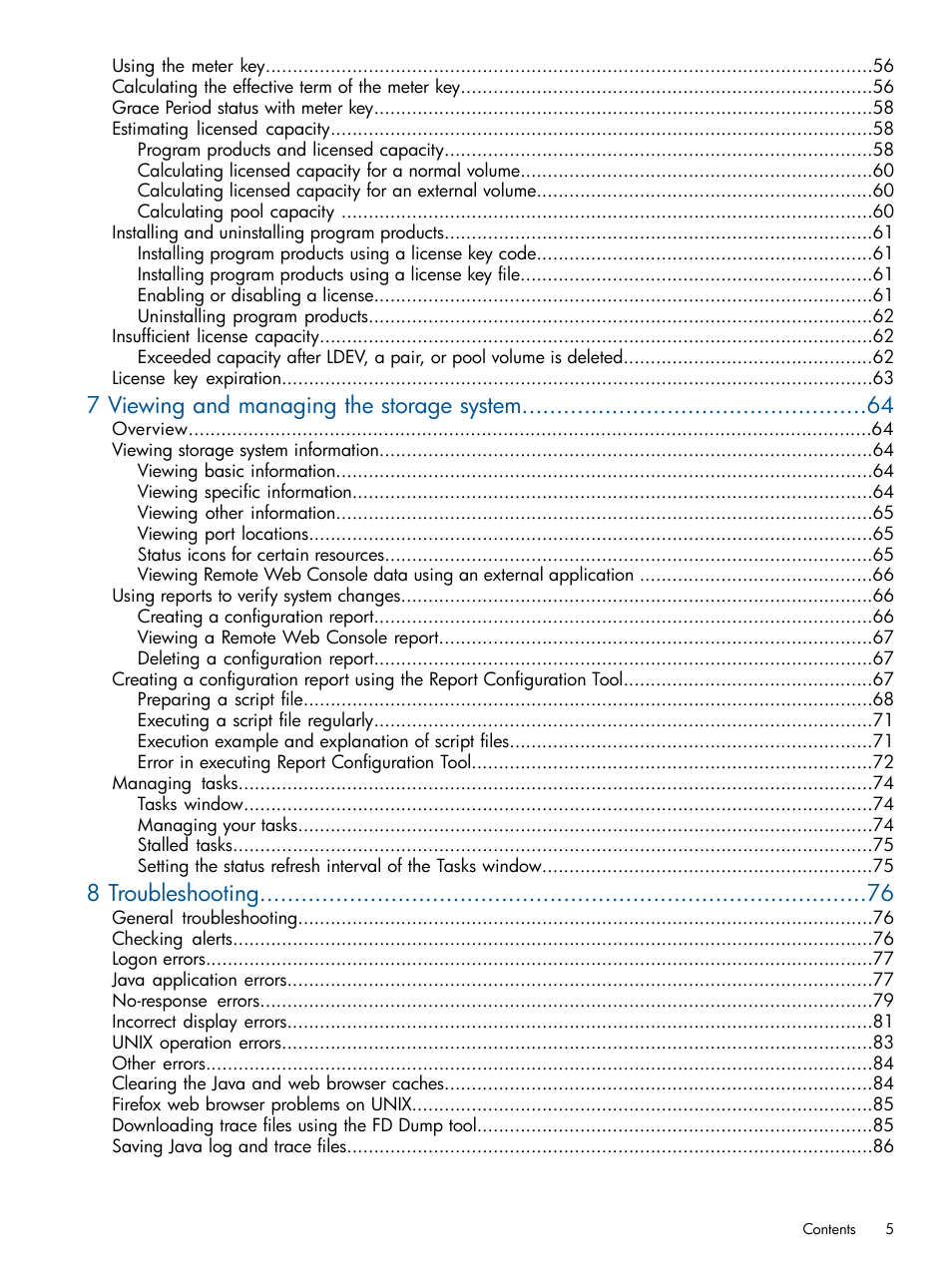 7 viewing and managing the storage system, 8 troubleshooting | HP XP RAID Manager Software User Manual | Page 5 / 182