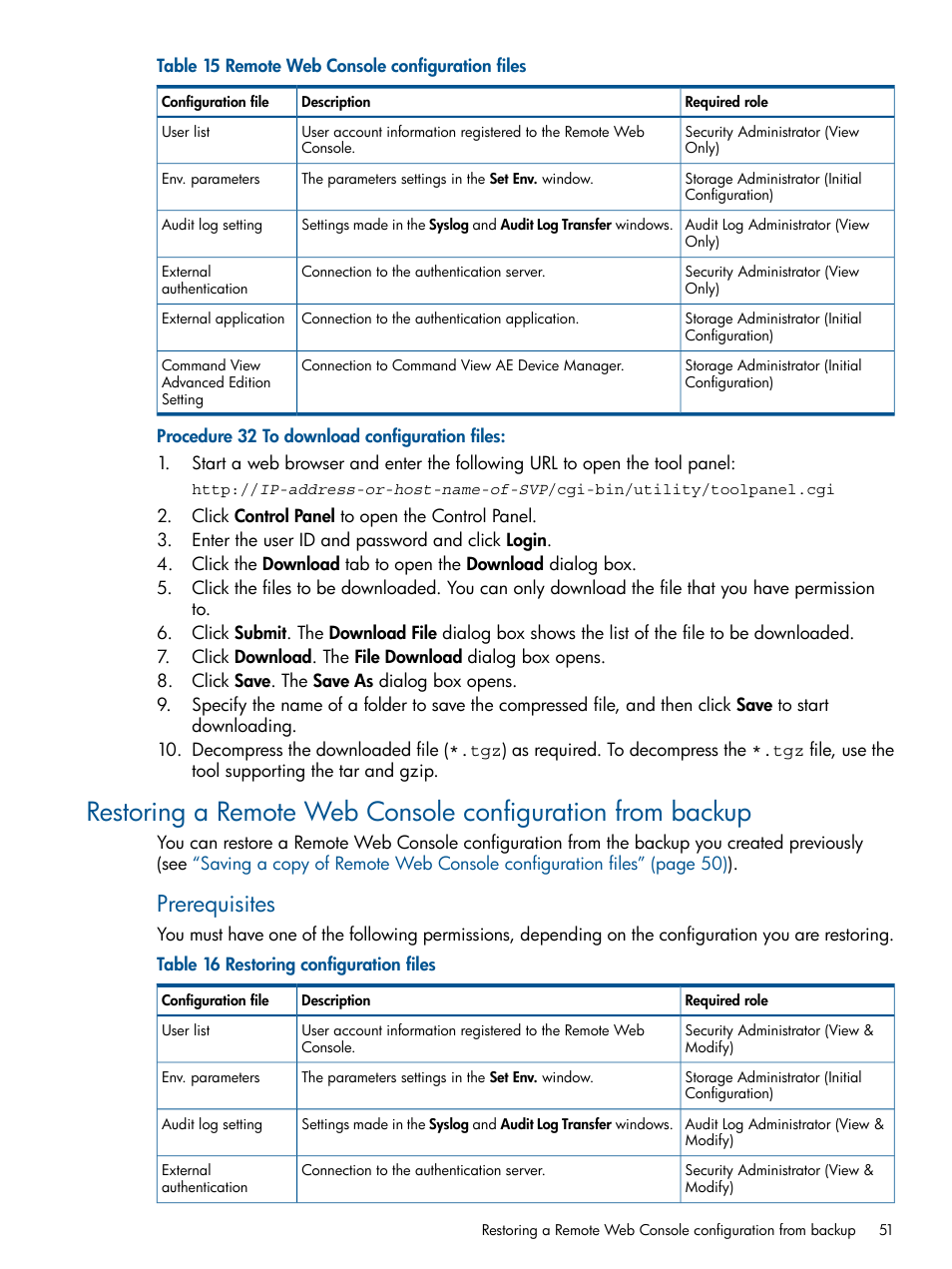 Restoring a remote web console configuration from, Prerequisites | HP XP RAID Manager Software User Manual | Page 51 / 182