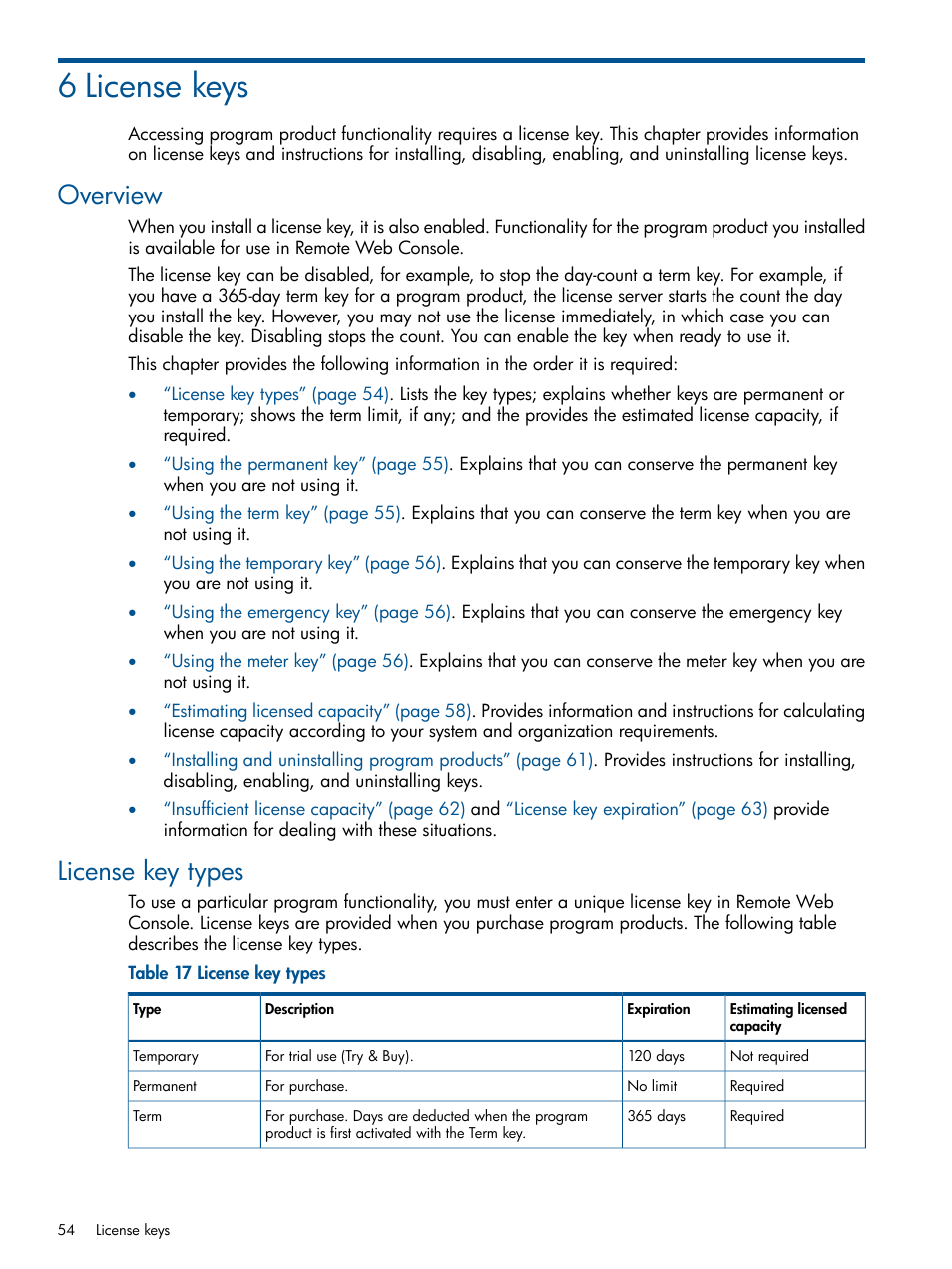 6 license keys, Overview, License key types | Overview license key types | HP XP RAID Manager Software User Manual | Page 54 / 182