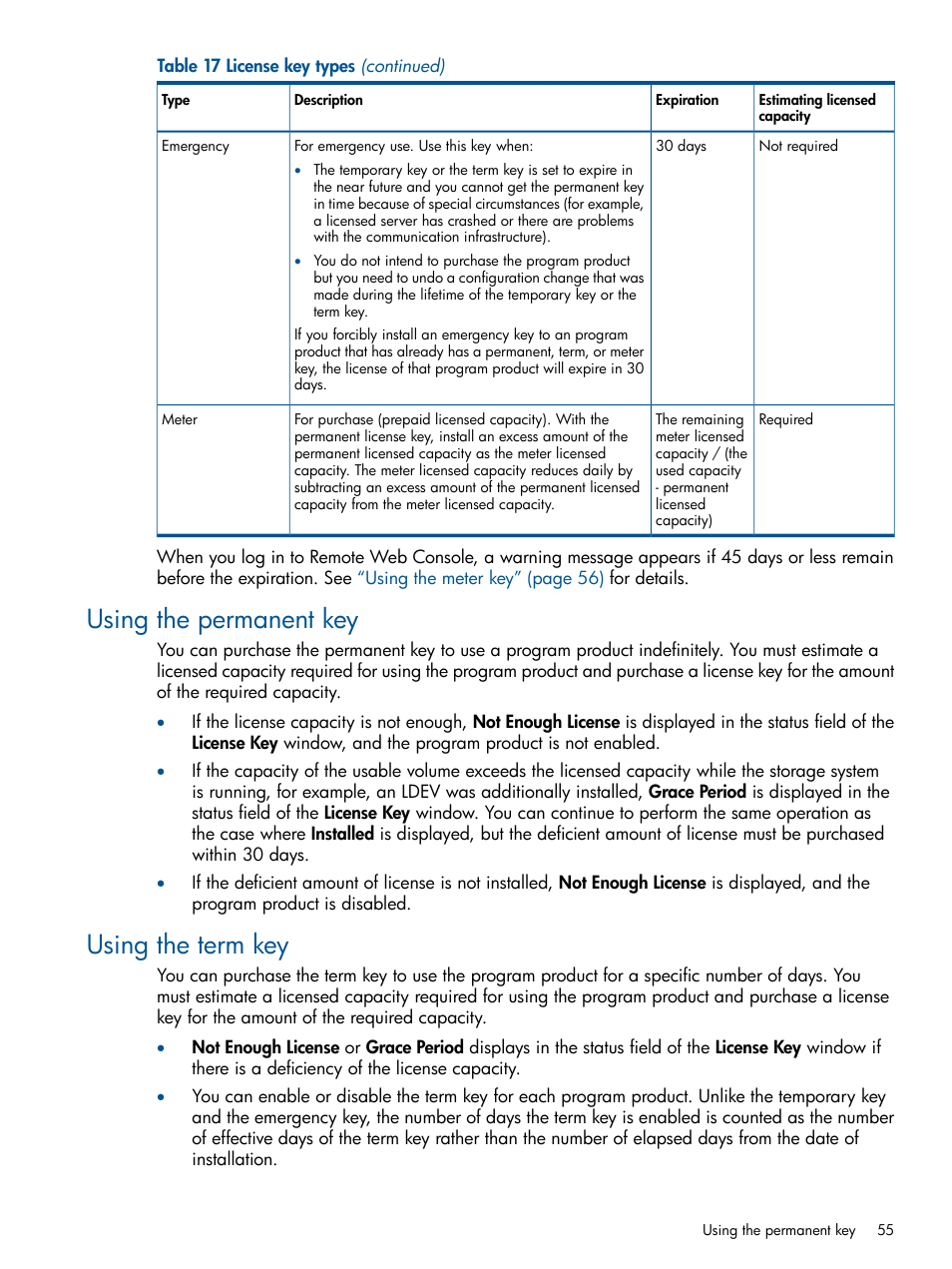 Using the permanent key, Using the term key, Using the permanent key using the term key | HP XP RAID Manager Software User Manual | Page 55 / 182