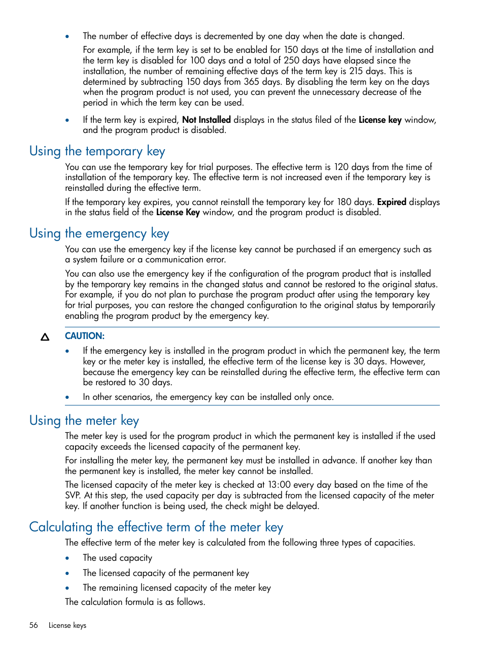 Using the temporary key, Using the emergency key, Using the meter key | Calculating the effective term of the meter key, Using the temporary key using the emergency key | HP XP RAID Manager Software User Manual | Page 56 / 182