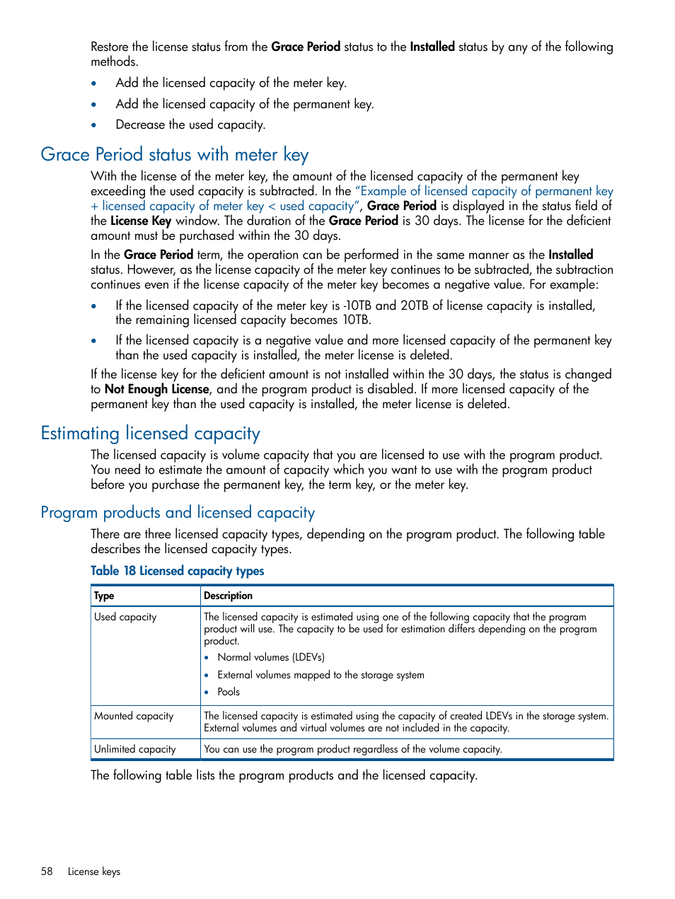 Grace period status with meter key, Estimating licensed capacity, Program products and licensed capacity | HP XP RAID Manager Software User Manual | Page 58 / 182