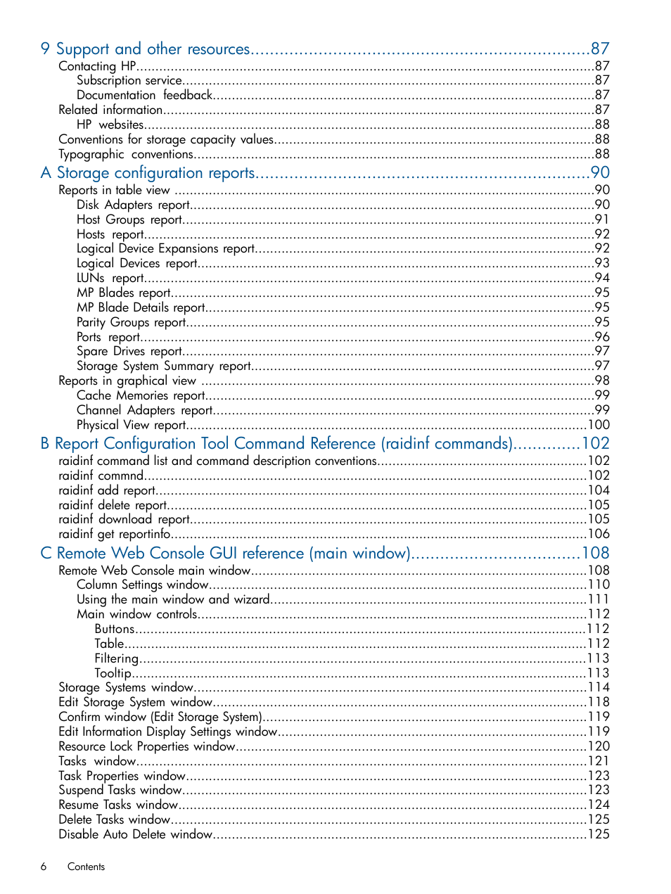 9 support and other resources, A storage configuration reports, C remote web console gui reference (main window) | HP XP RAID Manager Software User Manual | Page 6 / 182