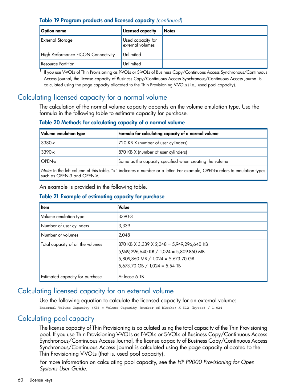 Calculating licensed capacity for a normal volume, Calculating pool capacity | HP XP RAID Manager Software User Manual | Page 60 / 182