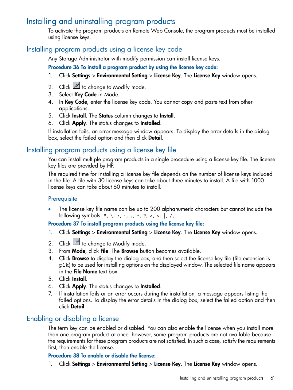 Installing and uninstalling program products, Enabling or disabling a license | HP XP RAID Manager Software User Manual | Page 61 / 182