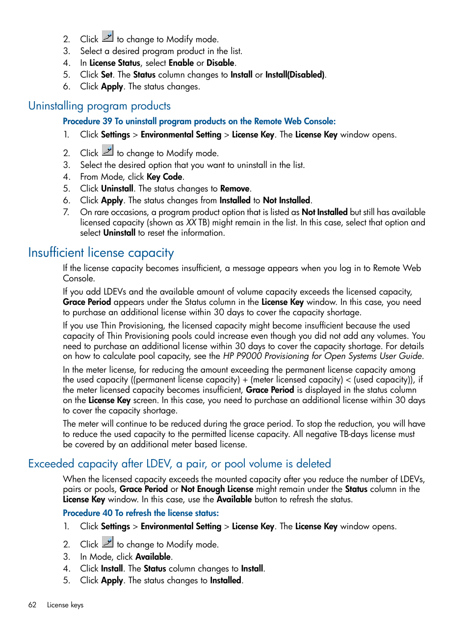 Uninstalling program products, Insufficient license capacity | HP XP RAID Manager Software User Manual | Page 62 / 182