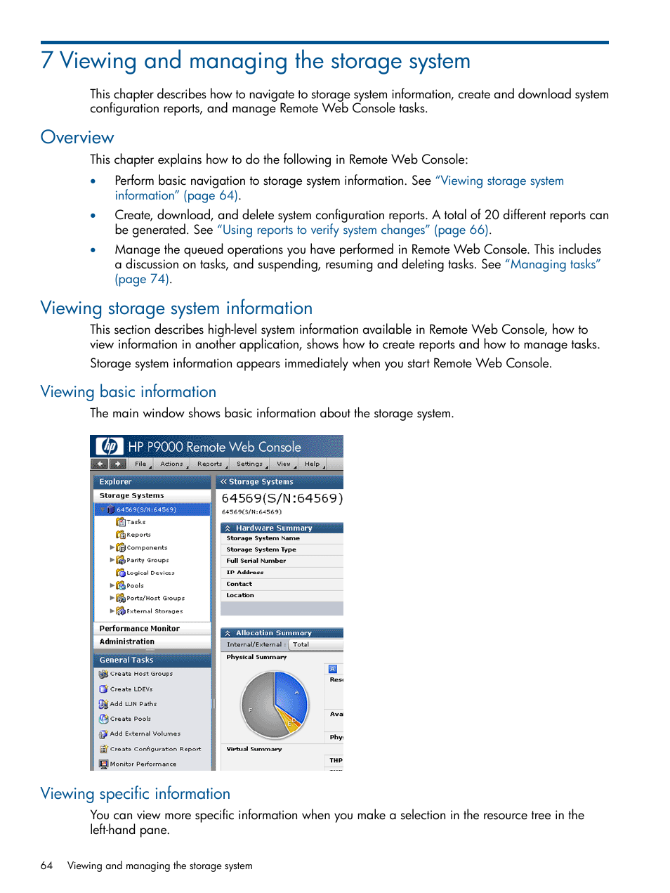 7 viewing and managing the storage system, Overview, Viewing storage system information | Viewing basic information, Viewing specific information, Overview viewing storage system information, Viewing and | HP XP RAID Manager Software User Manual | Page 64 / 182