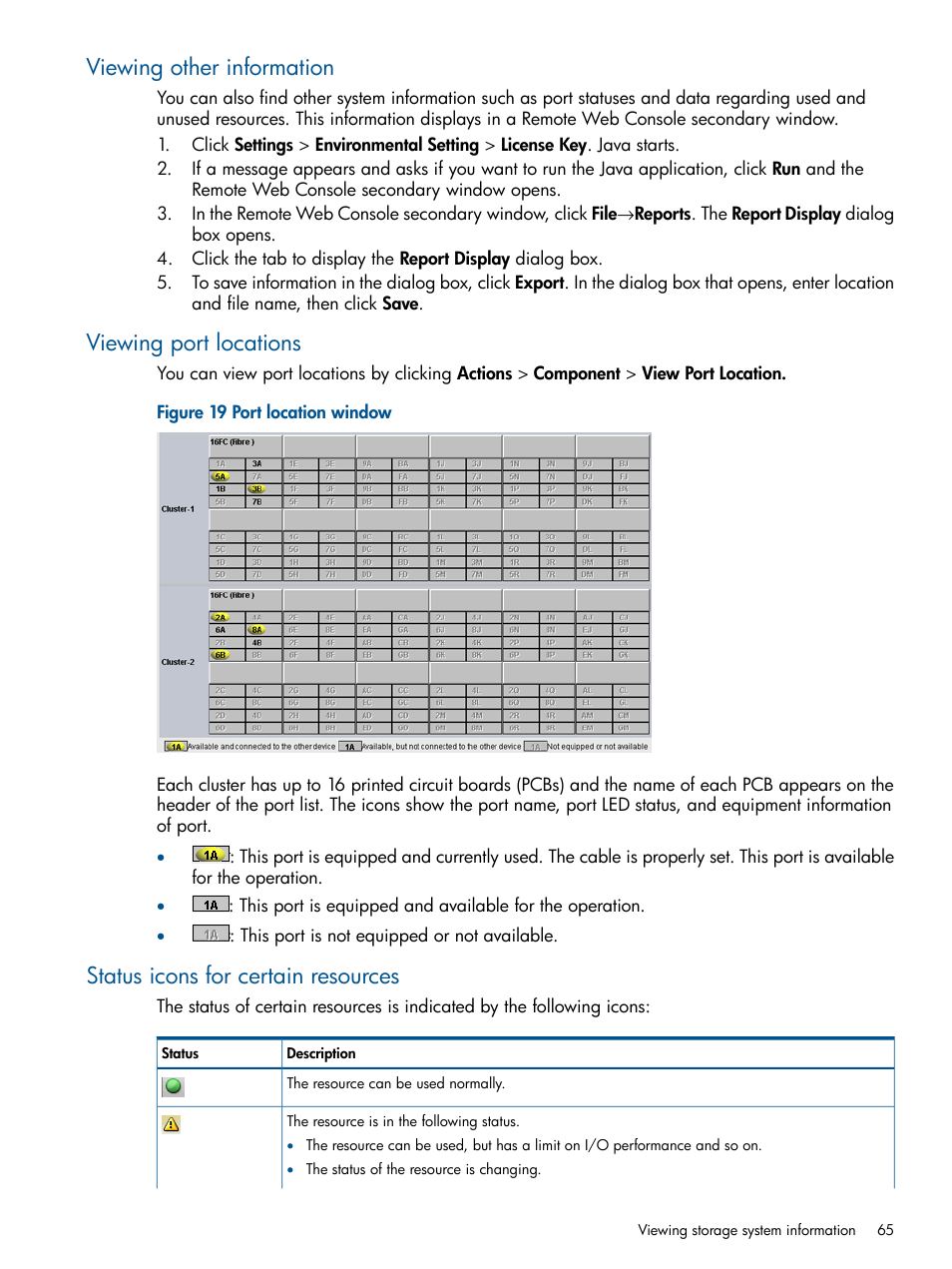 Viewing other information, Viewing port locations, Status icons for certain resources | HP XP RAID Manager Software User Manual | Page 65 / 182