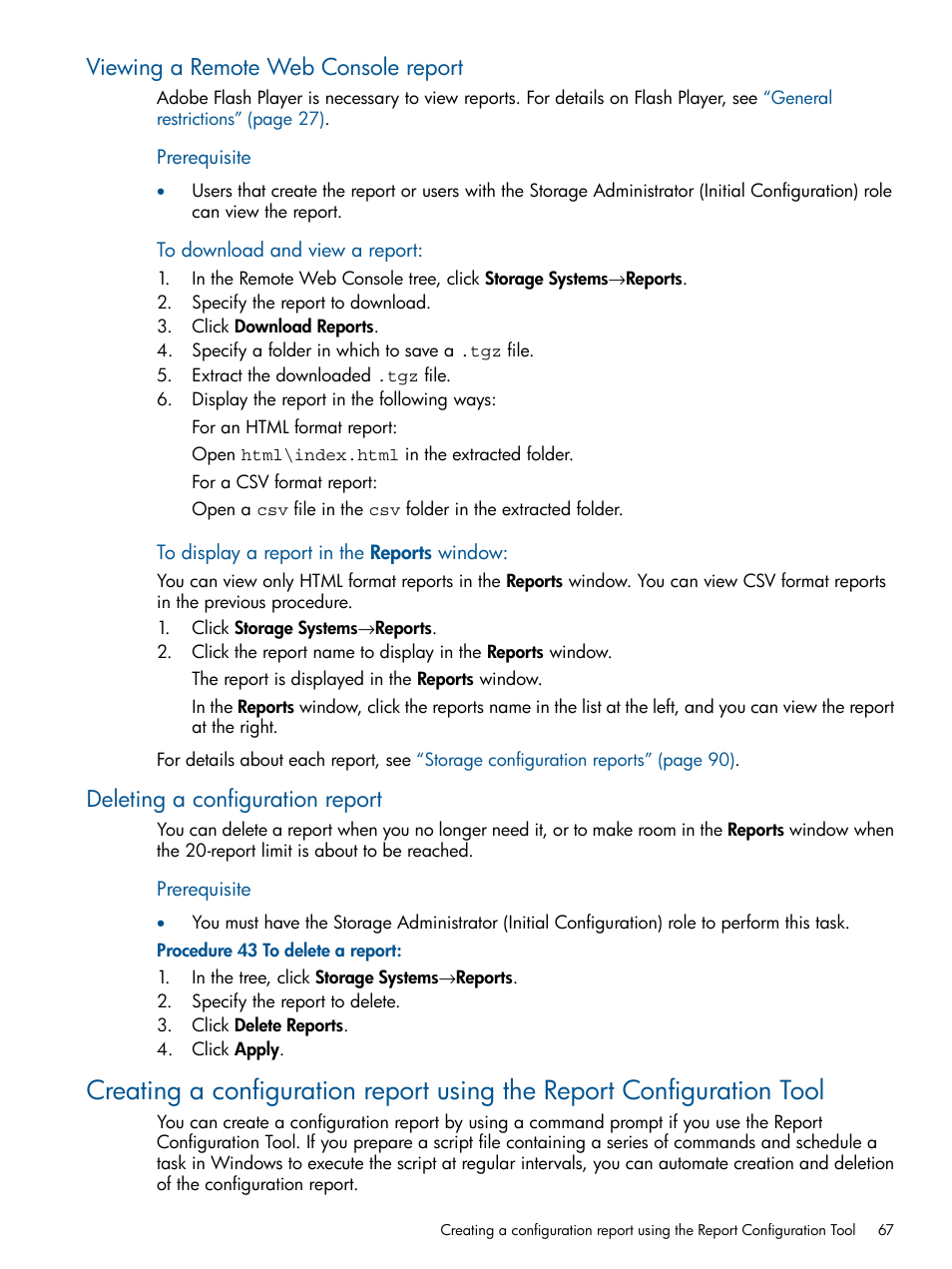 Viewing a remote web console report, Deleting a configuration report | HP XP RAID Manager Software User Manual | Page 67 / 182