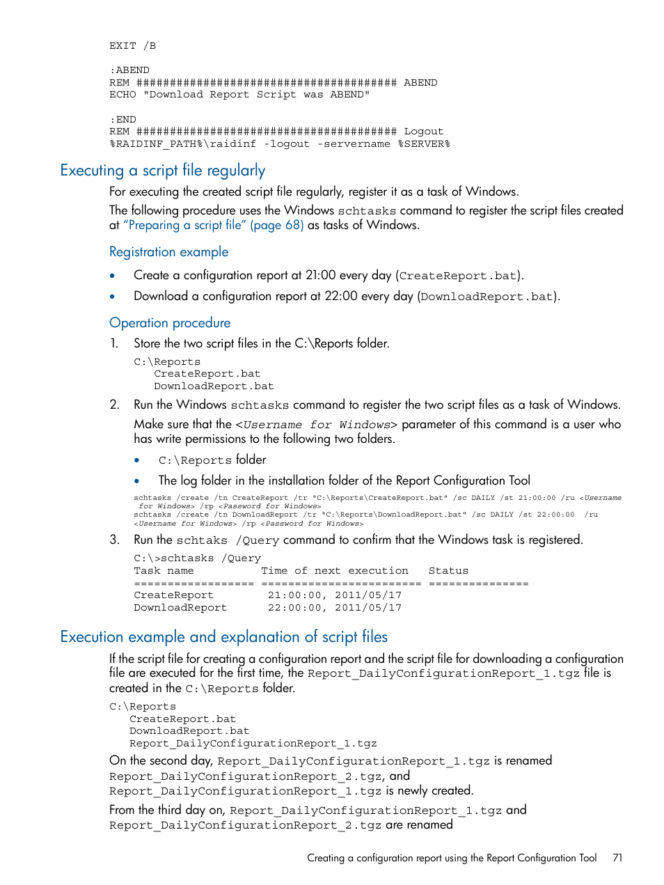 Executing a script file regularly, Execution example and explanation of script files | HP XP RAID Manager Software User Manual | Page 71 / 182