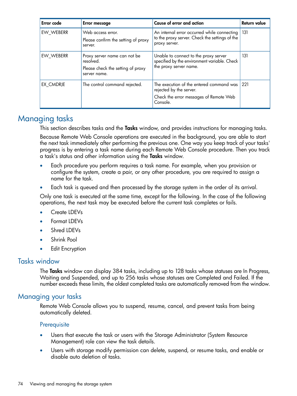 Managing tasks, Tasks window, Managing your tasks | Tasks window managing your tasks | HP XP RAID Manager Software User Manual | Page 74 / 182