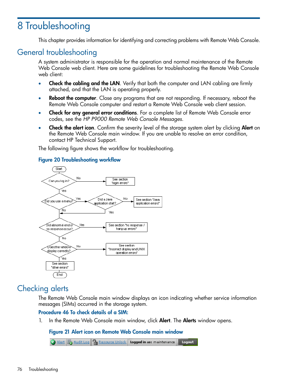 8 troubleshooting, General troubleshooting, Checking alerts | General troubleshooting checking alerts | HP XP RAID Manager Software User Manual | Page 76 / 182